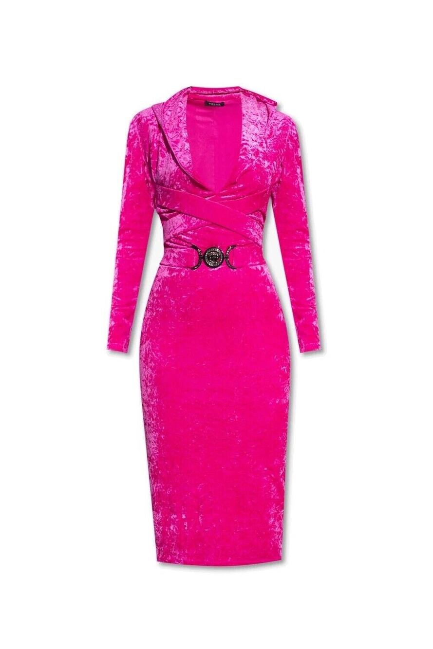 NWT Versace 40 US 4 Runway Biggie Medusa Pink Crushed Velvet Midi Dress $3,225